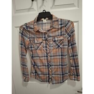 🍂3/$15‎ Passport Small Peach Navy Plaid Flannel Long Sleeve Preppy Button Shirt